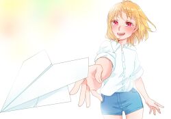 Rule 34 | 1girl, ahoge, blue shorts, blush, collared shirt, commentary request, cowboy shot, dress shirt, gradient background, highres, kashikaze, love live!, love live! sunshine!!, medium hair, open mouth, orange hair, paper airplane, red eyes, shirt, shorts, simple background, sleeves rolled up, solo, takami chika, throwing, upper body, white background, white shirt, yellow background