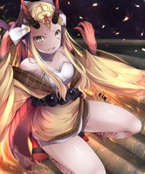Rule 34 | 1girl, bare shoulders, blonde hair, cleavage, fangs, fate/grand order, fate (series), holding, holding weapon, horns, ibaraki douji (fate), japanese clothes, kimono, legs, looking at viewer, monster girl, oni, rooftop, squatting, tattoo, thighs, weapon