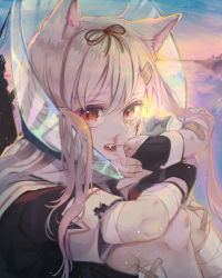 Rule 34 | animal ears, bandages, black gloves, black ribbon, black serafuku, blonde hair, commentary request, dog ears, fang, gloves, hair flaps, hair ornament, hair ribbon, hairclip, highres, kantai collection, kemonomimi mode, long hair, looking at viewer, pet cone, red eyes, ribbon, ruohire9, scarf, school uniform, serafuku, sitting, solo, white scarf, yuudachi (kancolle)