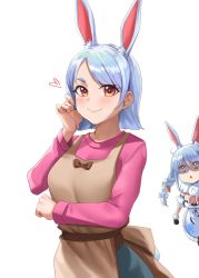 Rule 34 | 2girls, animal ear fluff, animal ears, apron, blue hair, blush, braid, carrot hair ornament, commentary, don-chan (usada pekora), dvdraw, english commentary, food-themed hair ornament, hair ornament, tucking hair, heart, highres, hololive, long hair, long sleeves, looking at viewer, mature female, mother and daughter, multiple girls, orange eyes, pekomama, rabbit-shaped pupils, rabbit ears, rabbit girl, shaded face, short hair, simple background, smile, symbol-shaped pupils, usada pekora, usada pekora (1st costume), virtual youtuber, white background