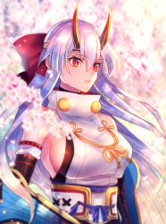 Rule 34 | 1girl, bare shoulders, bow, breasts, cherry blossoms, elbow gloves, fate (series), gloves, hair bow, highres, horns, large breasts, long hair, looking to the side, moe (hamhamham), red bow, red eyes, sideboob, solo, standing, tomoe gozen (fate), white hair