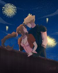 Rule 34 | 1boy, 1girl, aerial fireworks, aerith gainsborough, armor, black gloves, blonde hair, blush, braid, braided ponytail, brown hair, cloud strife, couple, dating, dress, final fantasy, final fantasy vii, final fantasy vii remake, fireworks, gloves, gold saucer, hair ribbon, highres, imminent kiss, jacket, jewelry, leather belt, looking at another, necklace, night, night sky, pauldrons, pink dress, pink ribbon, red jacket, ribbon, shoulder armor, single pauldron, sky, spiked hair, star (sky), starry sky, turtleneck, vanekairi