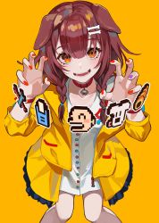 Rule 34 | 1girl, animal collar, animal ears, blush, bone hair ornament, bracelet, braid, brown eyes, brown hair, brown tail, buttons, claw pose, collar, collarbone, dog ears, dog girl, dress, face, fangs, fingernails, hair between eyes, hair ornament, hairclip, highres, hololive, hoso-inu, inugami korone, inugami korone (1st costume), jacket, jewelry, lam (ramdayo), listener (inugami korone), long hair, looking at viewer, low twin braids, multicolored nails, nail polish, off shoulder, open mouth, purple nails, red collar, red legwear, red nails, shoes, short dress, simple background, smile, solo, tail, twin braids, virtual youtuber, white dress, wristband, yellow background, yellow jacket