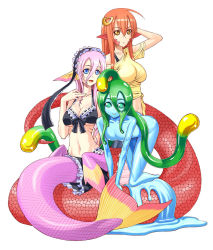Rule 34 | 10s, 3girls, :d, all fours, blue eyes, breasts, cleavage, colored sclera, everyone, fins, fish tail, gills, green eyes, green hair, green sclera, head fins, lamia, large breasts, long hair, looking at viewer, maid headdress, mermaid, meroune lorelei, miia (monster musume), monster girl, monster musume no iru nichijou, multiple girls, navel, official art, okayado, open mouth, pink hair, pointy ears, red hair, scales, simple background, slime (substance), slime girl, slit pupils, smile, snake tail, suu (monster musume), tail, take your pick, tentacle hair, underboob, v arms, white background, yellow eyes
