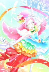 Rule 34 | 1girl, arm up, bare shoulders, berry, commentary request, cure parfait, dress, food, food-themed hair ornament, fruit, hair ornament, headband, highres, holding, holding wand, kirakira precure a la mode, leaf, long hair, open mouth, orange (fruit), pink hair, precure, solo, strapless, strapless dress, tail, user uhjn2434, v, wand, white footwear, white tail, white wings, wings