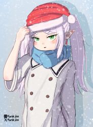 Rule 34 | 1girl, absurdres, blue scarf, coat, commentary, contemporary, earrings, frieren, green eyes, grey hair, hat, highres, jewelry, kurohi drw, long hair, makeup, mascara, pixiv username, pointy ears, santa hat, scarf, sleeves rolled up, snow, solo, sousou no frieren, thick eyebrows, twitter username, upper body, white coat