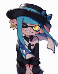 Rule 34 | 1girl, black hat, blue bow, blue hair, bow, earrings, grin, hat, hat bow, highres, inari1369, inkling, inkling girl, inkling player character, jewelry, light blue hair, long hair, nintendo, one eye closed, polka dot, polka dot bow, simple background, single earring, smile, solo, splatoon (series), tentacle hair, v arms, white background, yellow eyes