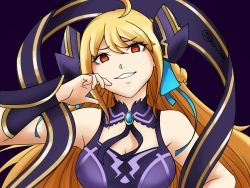 Rule 34 | 1girl, ahoge, alkyun, bare shoulders, blonde hair, breasts, choker, cleavage, corrupted, corruption, cygames, dark persona, dragalia lost, evil, evil smile, hair ribbon, hand on own face, highres, horn ornament, horns, large breasts, long hair, looking afar, looking at viewer, md5 mismatch, morsayati, nintendo, possessed, possession, purple background, red eyes, ribbon, signature, smile, zethia