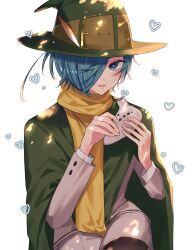 Rule 34 | 1girl, black pantyhose, blue eyes, blue hair, cloak, cowboy shot, green cloak, green hat, hair over one eye, hat, hat belt, hat feather, heart, highres, holding, holding instrument, holding ocarina, instrument, kimi no koto ga dai dai dai dai daisuki na 100-nin no kanojo, long sleeves, looking at viewer, nakaji uto, ocarina, open mouth, pantyhose, popo po731, scarf, school uniform, short hair, shorts, solo, white background, yellow scarf