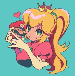 Rule 34 | 1girl, alternate hairstyle, blonde hair, blue background, breasts, brooch, character doll, cropped torso, crown, doll, dress, earrings, elbow gloves, eyelashes, gloves, green eyes, hair tie, hands up, heart, holding, holding doll, jewelry, long hair, looking at viewer, mario, mario (series), medium breasts, nintendo, pink dress, ponytail, princess, princess peach, puckered lips, puffy short sleeves, puffy sleeves, short sleeves, simple background, super mario bros. 1, ukata, upper body, white gloves