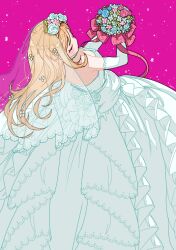 Rule 34 | 1girl, blonde hair, blush, bouquet, breasts, bridal veil, closed eyes, commentary request, dress, elbow gloves, flower, fujimoto rina, gloves, hair flower, hair ornament, head wreath, holding, holding bouquet, ich., idolmaster, idolmaster cinderella girls, long hair, medium breasts, partial commentary, pink background, solo, strapless, strapless dress, veil, very long hair, wedding dress, white dress, white gloves