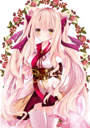 Rule 34 | 1girl, animal ears, bad id, bad pixiv id, blonde hair, blush, bow, cat ears, cowboy shot, detached sleeves, floral background, floral print, garter straps, hair between eyes, hair bow, hands in opposite sleeves, head tilt, japanese clothes, kimono, long hair, looking at viewer, nanase kureha, nanase nao, original, parted lips, pink kimono, pleated skirt, print kimono, purple bow, red skirt, short kimono, sidelocks, skirt, solo, thighhighs, twintails, very long hair, white background, white thighhighs, wide sleeves, yellow eyes