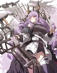 1girl absurdres arknights arrow_(projectile) bare_shoulders black_horns black_shirt black_shorts blush bow_(weapon) breasts commentary dragon drill_hair fake_horns highres holding holding_arrow holding_bow_(weapon) holding_weapon horns jacket large_breasts long_hair long_sleeves looking_ahead multiple_heads off_shoulder puffy_long_sleeves puffy_sleeves purple_hair red_eyes seero shirt shorts simple_background typhon_(arknights) very_long_hair weapon white_background white_jacket