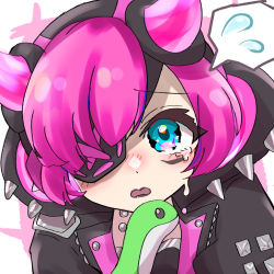 Rule 34 | 1girl, animification, apex legends, black headwear, black jacket, black lips, blue eyes, crying, crying with eyes open, cyber punked wattson, eyepatch, holding, holding stuffed toy, hood, hooded jacket, horns, jacket, nepitasu, nessie (respawn), one eye covered, open mouth, pink hair, solo, speech bubble, spiked hood, spoken sweatdrop, stuffed toy, sweatdrop, tears, wattson (apex legends)