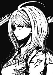 Rule 34 | 1girl, absurdres, ahoge, akamatsu kaede, backpack, bag, black background, breasts, closed mouth, collared shirt, danganronpa (series), danganronpa v3: killing harmony, fortissimo, from side, hair ornament, highres, kyua moto, large breasts, long hair, long sleeves, musical note, musical note hair ornament, profile, shirt, solo, vest, white background