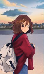 Rule 34 | 1girl, absurdres, apollo440, backpack, bag, brown hair, cellphone, city, commentary, cowboy shot, evening, film grain, floating hair, hair between eyes, hair ornament, hairclip, highres, hirasawa yui, jacket, k-on!, looking at viewer, outdoors, phone, red jacket, short hair, sky, smartphone, smile, solo, standing, water