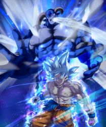 Rule 34 | 2boys, abs, absurdres, artist request, aura, battle, blue skin, colored skin, dragon ball, dragon ball super, epic, fighting, forehead jewel, fur, grin, highres, horns, looking at another, looking back, looking to the side, moro (dragon ball), multiple boys, muscular, no humans, pain, pointy ears, punching, red eyes, silver hair, smile, son goku, spiked hair, torn clothes, ultra instinct, upper body, violence