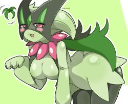 Rule 34 | 1girl, :3, animal hands, animal nose, artist name, bent over, blush, body fur, breasts, cat girl, cat tail, claws, cowboy shot, creatures (company), domidori, fangs, female focus, furry, furry female, game freak, green background, green fur, green hair, green theme, half-closed eyes, hand up, happy, large breasts, looking at viewer, meowscarada, motion lines, nintendo, open mouth, outline, paw pose, pokemon, pokemon (creature), red eyes, shiny skin, short hair, signature, simple background, smile, solo, standing, tail, thighs, two-tone fur, white outline, wide hips