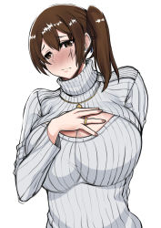 Rule 34 | 10s, 1girl, alternate costume, blush, breasts, brown hair, cleavage, cleavage cutout, clothing cutout, jewelry, kaga (kancolle), kantai collection, large breasts, looking at viewer, meme attire, necklace, niu ju (orange bull), open-chest sweater, otzer, ribbed sweater, ring, short hair, side ponytail, solo, sweater, turtleneck