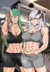 Rule 34 | 2girls, a lailai lailai, abs, arknights, belly, belly grab, breasts, gym, gym shorts, highres, horns, hoshiguma (arknights), large breasts, multiple girls, muscular, muscular female, saria (arknights), shorts, smell, sports bra, sweat, sweatdrop, weight conscious
