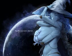 Rule 34 | 1girl, ;), alternate breast size, black background, blue eyes, blue hair, blue hat, breasts, cloak, completely nude, doll joints, elden ring, extra arms, from side, fur cloak, grey hat, hat, highres, huge breasts, joints, long hair, moon, nude, one eye closed, ranni the witch, shiny skin, sinensian, smile, solo, two-sided fabric, two-sided headwear, witch hat