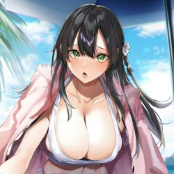 Rule 34 | 1girl, black hair, braid, breasts, cleavage, green eyes, highres, hitotsuba kaede, kakao (chocolate land), large breasts, ryoushin no shakkin, second-party source, solo, swimsuit