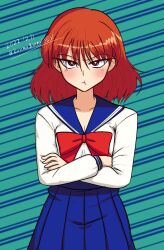 Rule 34 | 1girl, :t, an (sailor moon), angry, bishoujo senshi sailor moon, blue sailor collar, blue skirt, blush, bow, closed mouth, commentary request, crossed arms, dated, hair between eyes, highres, juuban middle school uniform, kouma bonmaid, long sleeves, looking at viewer, pleated skirt, pout, red bow, sailor collar, school uniform, serafuku, shirt, skirt, solo, standing, twitter username, v-shaped eyebrows, white shirt