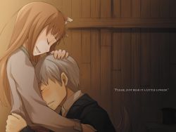 Rule 34 | 1boy, 1girl, animal ears, ayakura juu, brown hair, couple, craft lawrence, closed eyes, from side, hand on another&#039;s head, highres, holo, hug, indoors, long hair, novel illustration, official art, purple shirt, shirt, silver hair, smile, spice and wolf, tail, upper body, wolf ears, wolf tail