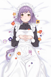 Rule 34 | 1girl, apron, bed sheet, black dress, blush, breasts, closed mouth, dress, feet out of frame, flower, highres, interlocked fingers, ito fumi, long hair, long sleeves, looking at viewer, lying, maid, maid apron, maid headdress, medium breasts, on back, original, own hands together, purple hair, solo, yellow eyes
