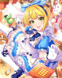 Rule 34 | 10s, 1girl, blonde hair, blue bow, book, bow, frills, gloves, green eyes, hair bow, hairband, idolmaster, idolmaster cinderella girls, looking at viewer, miyamoto frederica, official art, open mouth, solo, stuffed animal, stuffed rabbit, stuffed toy, thighhighs, white gloves, white thighhighs