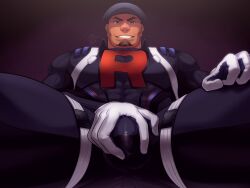 Rule 34 | 1boy, bara, beard, black bodysuit, bodysuit, brown eyes, bulge, cabbie hat, clenched hand, cliff (pokemon), commentary request, covered penis, creatures (company), crotch, crotch grab, facial hair, foreshortening, from below, game freak, gloves, grin, hat, highres, looking at viewer, male focus, masturbation, masturbation through clothes, muscular, muscular male, nintendo, pokemon, pokemon go, sitting, skin tight, smile, solo, team go rocket, uniform, white gloves, yowaifish