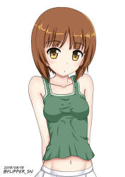 Rule 34 | 10s, 1girl, breasts, brown eyes, brown hair, collarbone, commentary, dated, flipper, girls und panzer, green shirt, looking at viewer, medium breasts, midriff, military, military uniform, navel, nishizumi miho, one-hour drawing challenge, ooarai military uniform, parted lips, pleated skirt, shirt, short hair, simple background, skirt, solo, standing, tank top, twitter username, uniform, upper body, white background, white skirt