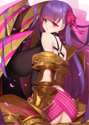 Rule 34 | 1girl, ass cutout, belt collar, bow, breasts, clothing cutout, collar, fate/extra, fate/extra ccc, fate/grand order, fate (series), from behind, hair ribbon, highres, huge breasts, langya beike, long hair, looking at viewer, looking back, no panties, o-ring, o-ring top, passionlip (fate), pink eyes, purple hair, ribbon, sitting, skirt, solo, very long hair