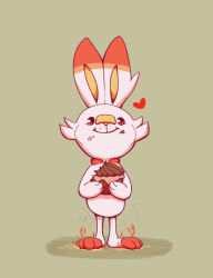 Rule 34 | animal focus, artisadie, brown background, rabbit, commentary, creature, creatures (company), eating, english commentary, fire, food, full body, game freak, gen 8 pokemon, happy, heart, highres, holding, holding food, looking at viewer, nintendo, no humans, poke puff, pokemon, pokemon (creature), scorbunny, simple background, smile, smoke, solo