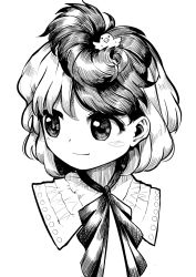 Rule 34 | 1girl, animal, animal on head, bird, bird on head, chick, closed mouth, collared dress, commentary request, dress, greyscale, highres, looking to the side, monochrome, multicolored hair, neckerchief, niwatari kutaka, on head, portrait, short hair, smile, solo, suna (s73d), touhou, two-tone hair