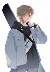 Rule 34 | 1boy, absurdres, black hoodie, blue eyes, blush, breath, brown hair, buttons, commentary request, contemporary, earphones, gloves, grey jacket, grey pants, guitar case, hand up, highres, hood, hood down, hoodie, instrument case, jacket, link, long sleeves, looking at viewer, male focus, nintendo, open clothes, open jacket, pants, parted lips, pointy ears, shikiri, solo, the legend of zelda, white background