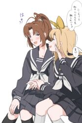 Rule 34 | !?, 2girls, black sailor collar, black skirt, black socks, blush, bow hairband, brown hair, dentist (artist), hair intakes, hairband, hand on own knee, hand up, hibike! euphonium, highres, holding hands, invisible chair, kneehighs, long hair, long sleeves, looking at another, multiple girls, nakagawa natsuki, neckerchief, open mouth, pleated skirt, ponytail, profile, sailor collar, school uniform, simple background, sitting, skirt, sleeves past wrists, socks, speech bubble, translation request, white background, white neckerchief, white socks, yellow hairband, yoshikawa yuuko