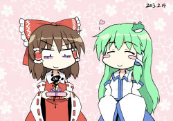 Rule 34 | 2girls, ^ ^, bad food, bare shoulders, blush stickers, brown hair, closed eyes, detached sleeves, evil smile, eyebrows, flan (zhd91), floral background, frog hair ornament, gift, green hair, hair ornament, hair ribbon, hair tubes, hakurei reimu, heart, holding, holding gift, japanese clothes, kochiya sanae, long sleeves, miko, multiple girls, ribbon, ribbon-trimmed sleeves, ribbon trim, shaded face, simple background, sleeves past wrists, smile, snake hair ornament, touhou, upper body, vest, yuri