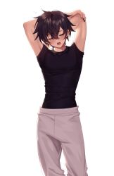 Rule 34 | 1boy, absurdres, annidrw, black nails, black shirt, closed eyes, crossed arms, earrings, grey pants, highres, indie virtual youtuber, jewelry, male focus, open mouth, pants, shirt, short hair, shoto (vtuber), solo, t-shirt, virtual youtuber, white background