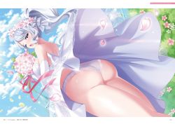 Rule 34 | 1girl, ass, bare legs, bare shoulders, blush, bouquet, breasts, bride, cloud, day, dress, female focus, floating hair, flower, from below, ginjou nanami, groin, hands up, high ponytail, highres, holding, huge ass, large breasts, legs, legs together, long hair, looking back, official art, omega labyrinth, omega labyrinth life, one eye closed, open mouth, original, outdoors, page number, panties, pantyshot, petals, ponytail, purple eyes, sky, solo, standing, strapless, strapless dress, sunlight, thighs, u35, underwear, upskirt, wedding dress, white hair, white panties, wind