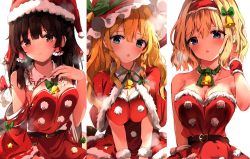 Rule 34 | 3girls, alice margatroid, alternate breast size, alternate costume, arm behind head, bare shoulders, bell, belt, belt buckle, blonde hair, blue eyes, blush, bow, breasts, brown belt, brown eyes, brown hair, buckle, capelet, christmas, christmas ornaments, collarbone, detached sleeves, dress, frilled ribbon, frills, fur-trimmed dress, fur-trimmed hairband, fur-trimmed headwear, fur cuffs, fur trim, green bow, green ribbon, hair bell, hair between eyes, hair bow, hair ornament, hairband, hakurei reimu, hand in own hair, hand up, heart, heart-shaped buckle, highres, kirisame marisa, large breasts, long hair, multiple girls, neck ribbon, off-shoulder dress, off shoulder, open mouth, pom pom (clothes), red dress, red hairband, ribbon, santa costume, shangurira, short hair, shy, sidelocks, simple background, steam, touhou, wavy hair, white background, wrist cuffs