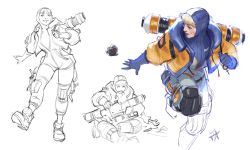 Rule 34 | 1girl, apex legends, blue eyes, blue gloves, blue hair, blue headwear, bodysuit, cable, clenched hand, facial scar, gloves, highres, hood, hooded bodysuit, hooded jacket, in mouth, jacket, jeremy anninos, leaning forward, looking to the side, looking up, open hand, open mouth, orange jacket, scar, scar on cheek, scar on face, shoes, sitting, sketch, smile, sneakers, wattson (apex legends), white bodysuit, wrench