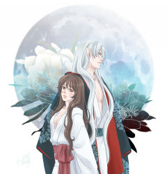 Rule 34 | 1boy, 1girl, brown eyes, brown hair, circle, cleavage, floral background, height difference, highres, inuyasha, japanese clothes, kimono, long hair, aged up, parted lips, pointy ears, red ribbon, ribbon, rin (inuyasha), sesshoumaru, signature, silver hair, tokiko (psychopomp), yukata