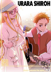 Rule 34 | 1boy, 1girl, acoustic guitar, aged up, amai shirou, bench, blonde hair, brown eyes, brown hair, brown vest, character name, closed mouth, commentary request, couple, dress, gibson, glasses, grey pants, guitar, highres, holding, holding guitar, holding instrument, holding own arm, instrument, kamikita futago, kasugano urara (yes! precure 5), kibou no chikara ~otona precure &#039;23~, long hair, looking at another, music, necktie, open mouth, pants, pink-framed eyewear, playing guitar, precure, red necktie, shirt, short hair, singing, sitting, smile, stamp mark, standing, syrup (yes! precure 5), vest, white dress, white headwear, white shirt, wooden bench, yellow eyes, yes! precure 5, yes! precure 5 gogo!
