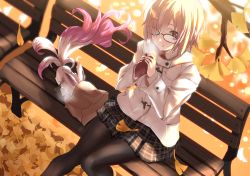 Rule 34 | 1girl, autumn, autumn leaves, bag, bench, black-framed eyewear, black pantyhose, black skirt, coat, commentary request, creature, duffel coat, eating, fate/grand order, fate (series), feet out of frame, food, fou (fate), from above, ginkgo leaf, glasses, hair over one eye, highres, holding, holding food, leaf, long sleeves, looking at viewer, looking up, mash kyrielight, mash kyrielight (fgo x lawson), miniskirt, official alternate costume, on bench, pantyhose, park bench, pink hair, plaid, plaid skirt, pleated skirt, purple eyes, short hair, sitting, skirt, steam, sweet potato, tsuuhan, white coat