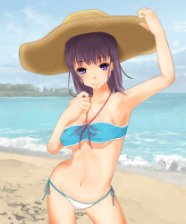 Rule 34 | 1girl, alternate hair color, arm up, armpits, bare arms, bare shoulders, beach, bikini, blue sky, breasts, brown hat, closed mouth, cloud, cloudy sky, commentary request, day, dot nose, feet out of frame, hand up, hat, highres, itsuwa, light blush, looking at viewer, medium breasts, medium hair, navel, ocean, outdoors, purple eyes, purple hair, sand, shin (highest1192), sky, smile, solo, standing, stomach, straw hat, swimsuit, toaru majutsu no index, waves