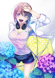 Rule 34 | 10s, 1girl, :d, absurdres, aoi fuuka, arm up, black shorts, blue flower, breasts, brown hair, cleavage, flower, fuuka, headphones, headphones around neck, highres, holding, holding umbrella, hydrangea, looking at viewer, medium breasts, open clothes, open mouth, open shirt, pink shirt, polka dot, polka dot umbrella, purple eyes, purple flower, seo kouji, shirt, short hair, short shorts, shorts, sleeveless, sleeveless shirt, smile, solo, standing, umbrella, white shirt, yellow umbrella