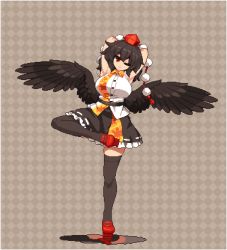 Rule 34 | 1girl, armpits, arms behind head, arms up, bare shoulders, belt, black hair, black skirt, black thighhighs, black wings, breasts, brown background, buttons, checkered background, collared shirt, commentary, feathered wings, frilled skirt, frills, geta, hat, head tilt, large breasts, lowres, miniskirt, namako daibakuhatsu, one eye closed, pixel art, pom pom (clothes), red footwear, shameimaru aya, shirt, skirt, sleeveless, solo, standing, standing on one leg, tengu-geta, thighhighs, tokin hat, touhou, white shirt, wings, zettai ryouiki