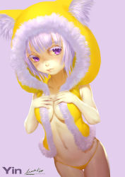 Rule 34 | 1girl, animal ears, animal hood, ariverkao, breasts, cat ears, character name, cleavage, collarbone, colored eyelashes, covering privates, covering breasts, dated, fake animal ears, female focus, hands on own chest, hat, hat with ears, hood, hoodie, large breasts, lips, looking at viewer, midriff, navel, no bra, open clothes, open hoodie, original, panties, purple eyes, shaded face, signature, silver hair, solo, underwear, yellow panties