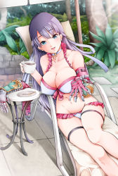 Rule 34 | 1girl, bikini, blue eyes, blunt bangs, breasts, cleavage, covered erect nipples, fate/grand order, fate (series), frilled bikini, frills, hair ribbon, highres, large breasts, long hair, looking at viewer, martha (fate), martha (swimsuit ruler) (fate), martha (swimsuit ruler) (third ascension) (fate), navel, open mouth, purple hair, ribbon, sezok, sitting, smile, solo, swimsuit, thighhighs, white bikini